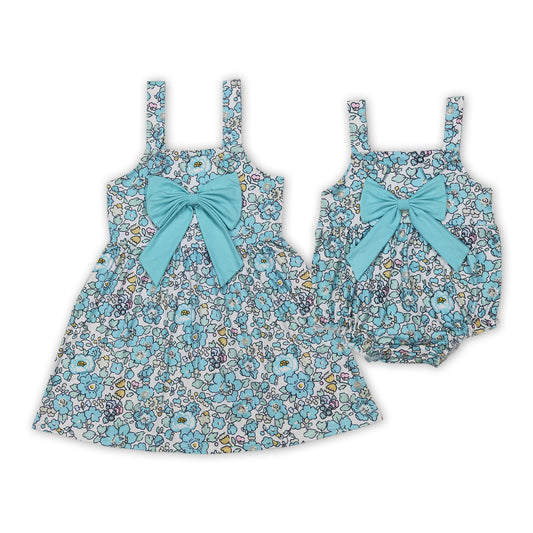 Blue Flowers Print Sisters Sleeveless Summer Clothes Sisters Wear