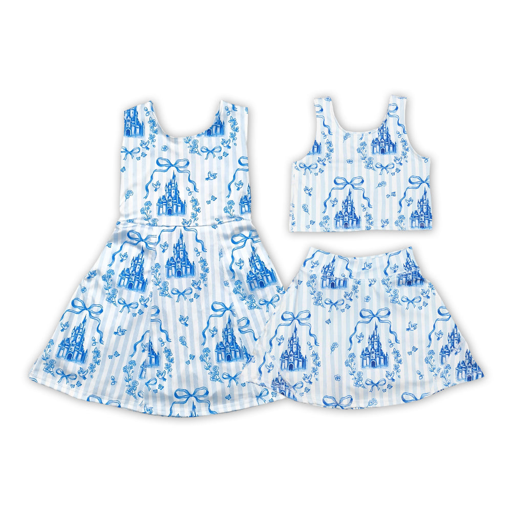 Blue Flowers Castle Bows Print Skirts Shorts Girls Summer Yoga Clothes Sisters Wear