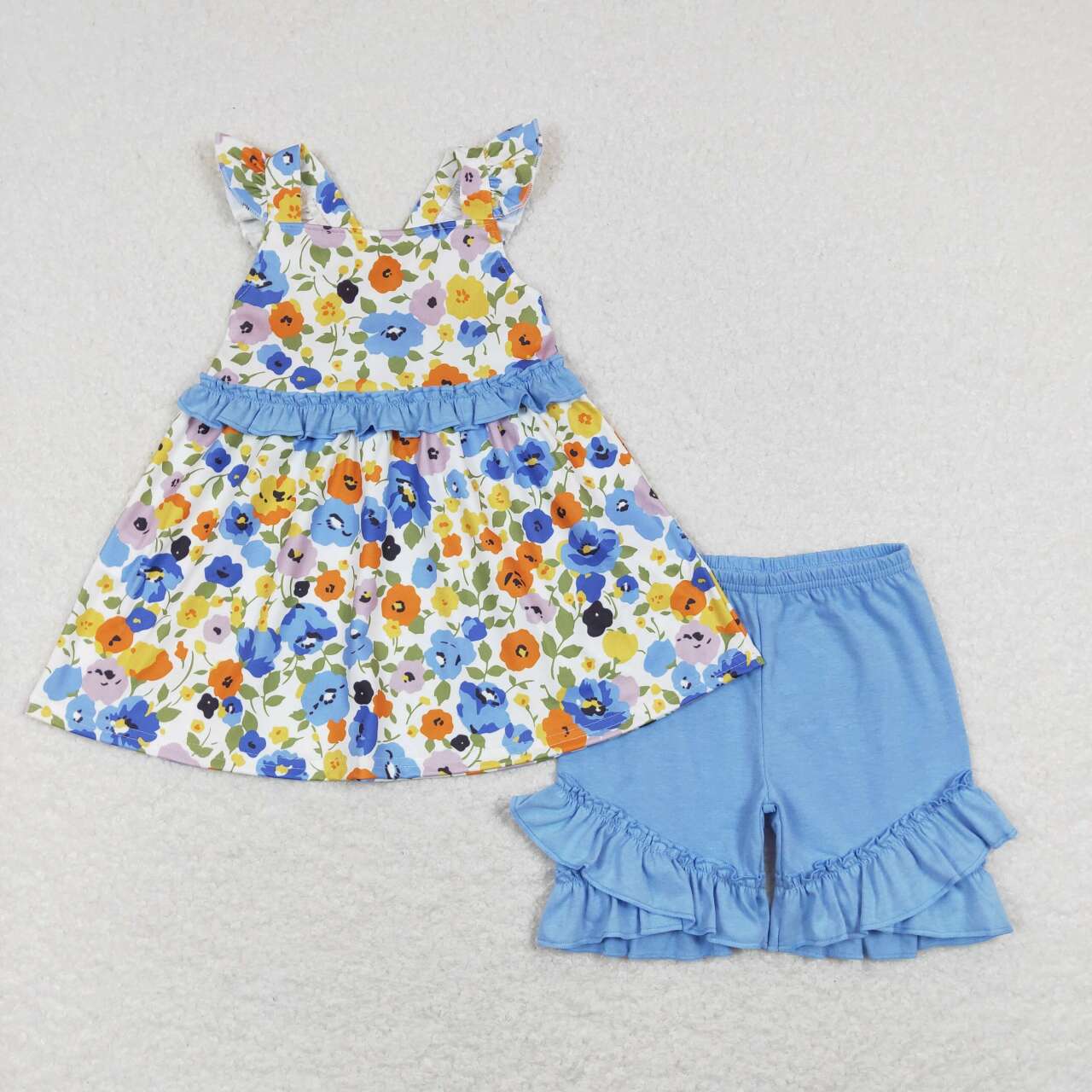 GSSO0494  Blue Flowers Print Girls Summer Clothes Set