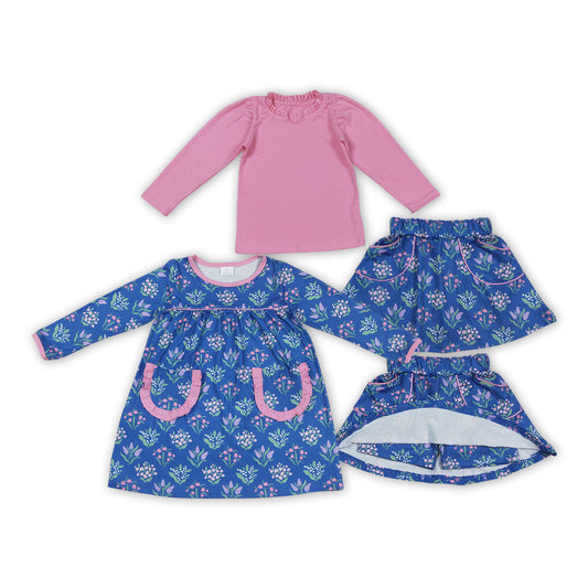 Blue Flowers Print Girls Pockets Dress & Outfits Sisters Matching Wear