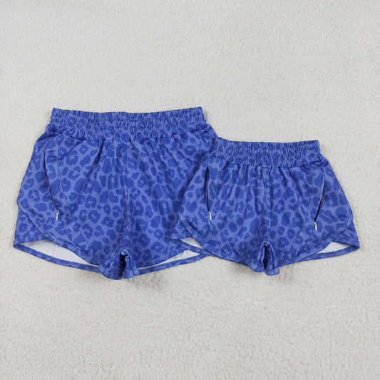 Blue Leopard Print Mom and Me Summer Zipper Pockets Bottom Yoga Shorts