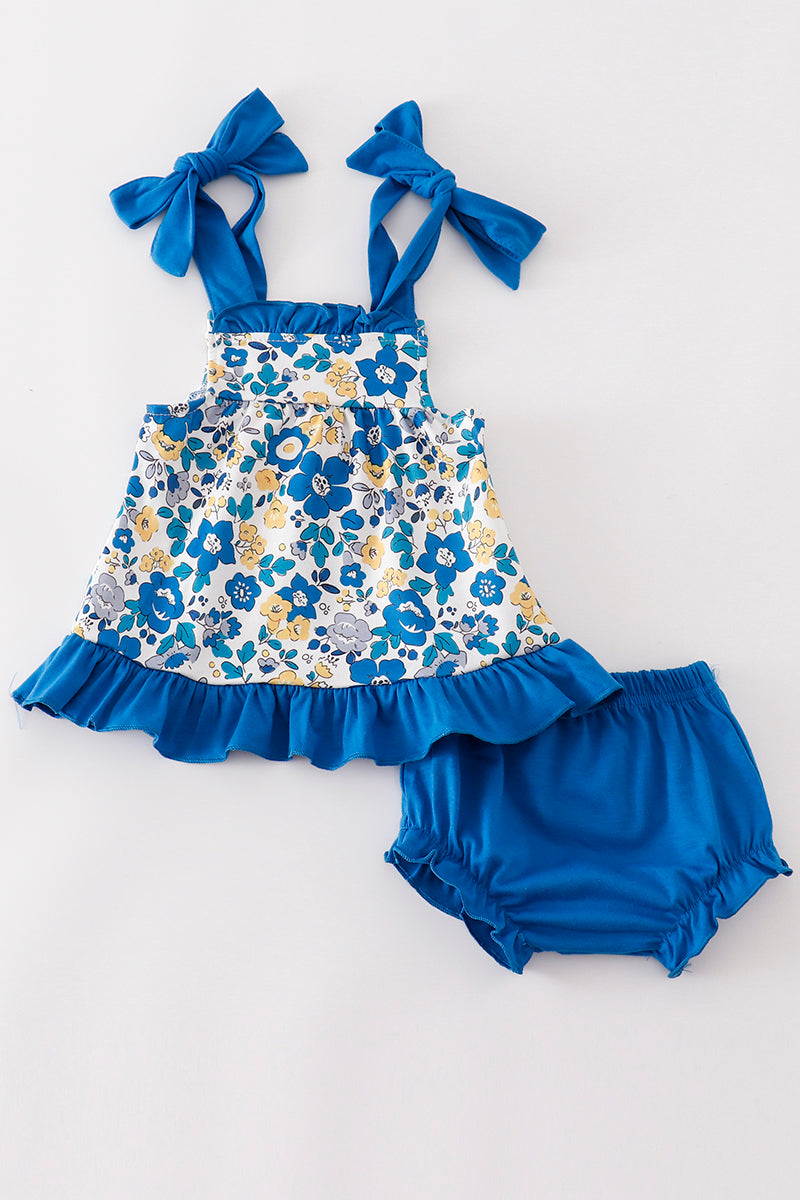 (Custom Design Preorder MOQ 5) Flowers Blue Print Baby Girls Bummie Set