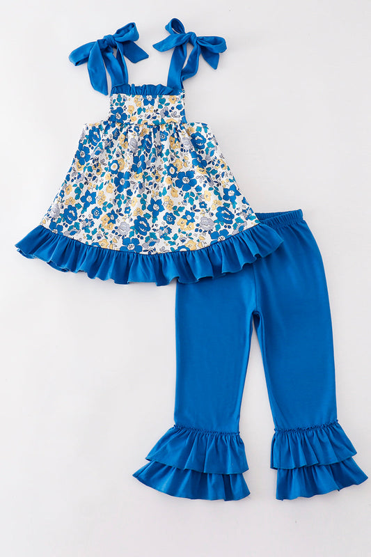 (Custom Design Preorder MOQ 5) Flowers Blue Tunic Top Ruffle Pants Girls Clothes Set