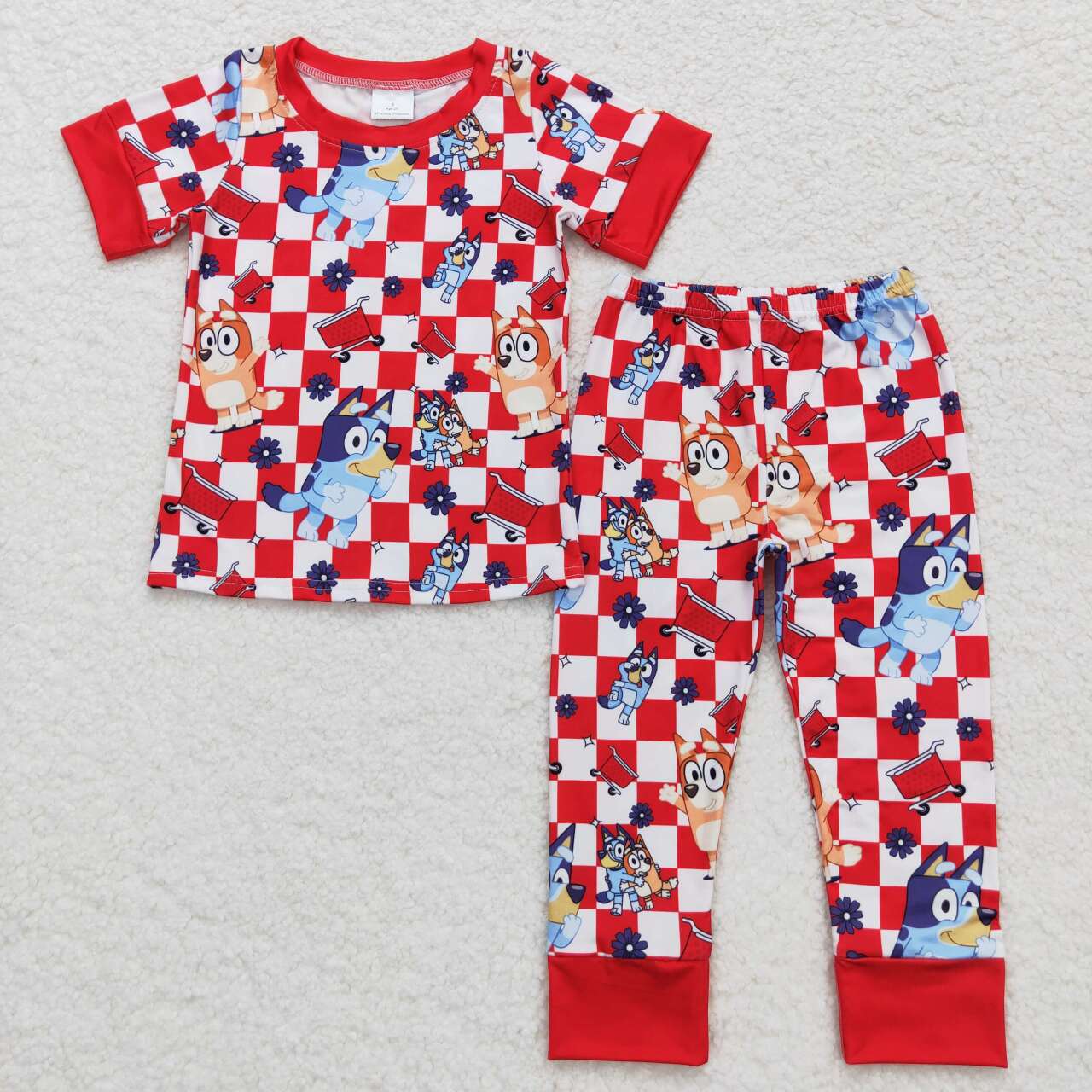 BSPO0355  Cartoon Dog Red Plaid Print Boys Pajamas Clothes Set