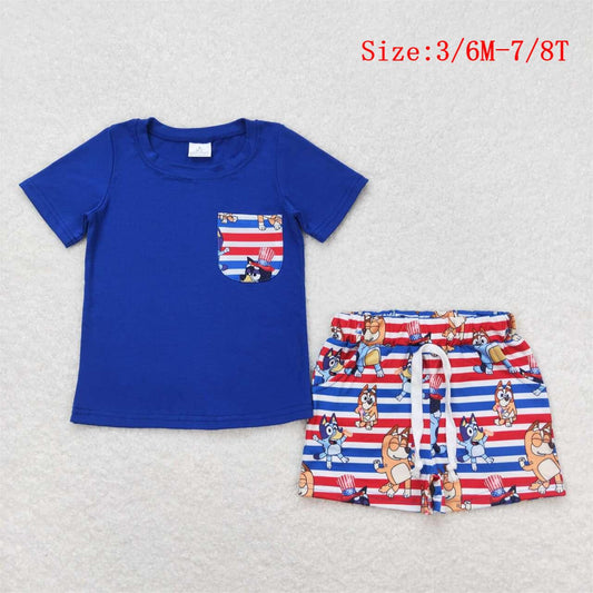 BSSO0513 Blue Pocket Top Cartoon Dog Print Boys 4th of July Clothes Set