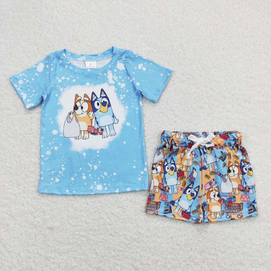 BSSO0599 Cartoon Dog Print Boys Summer Clothes Set