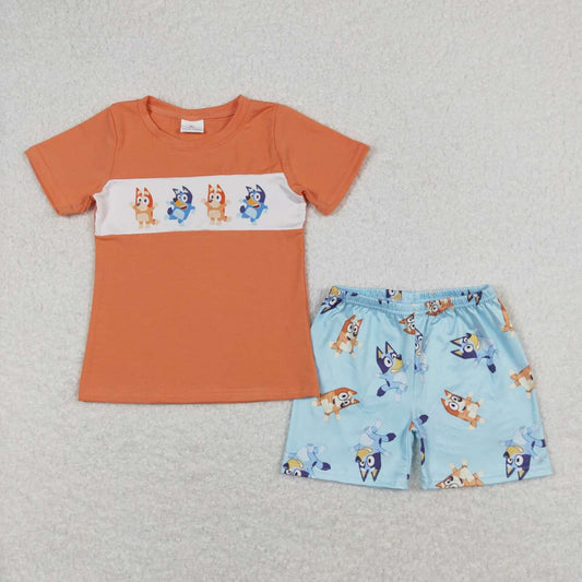 BSSO0668  Cartoon Dog Print Orange Top Blue Shorts Boys Summer Clothes Set