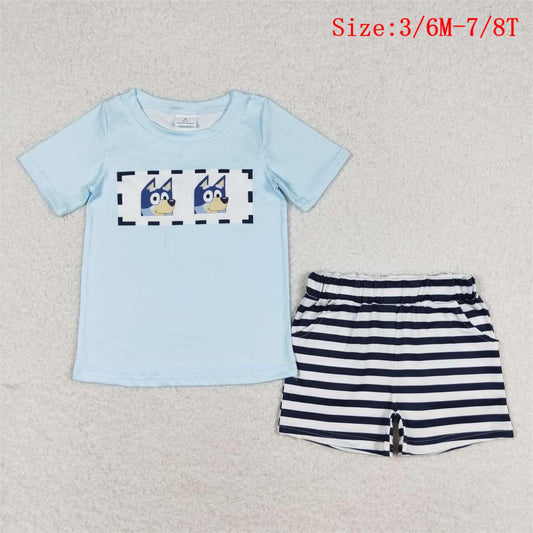BSSO0682  Blue Cartoon Dog Top Stripes Shorts Boys Summer Clothes Set