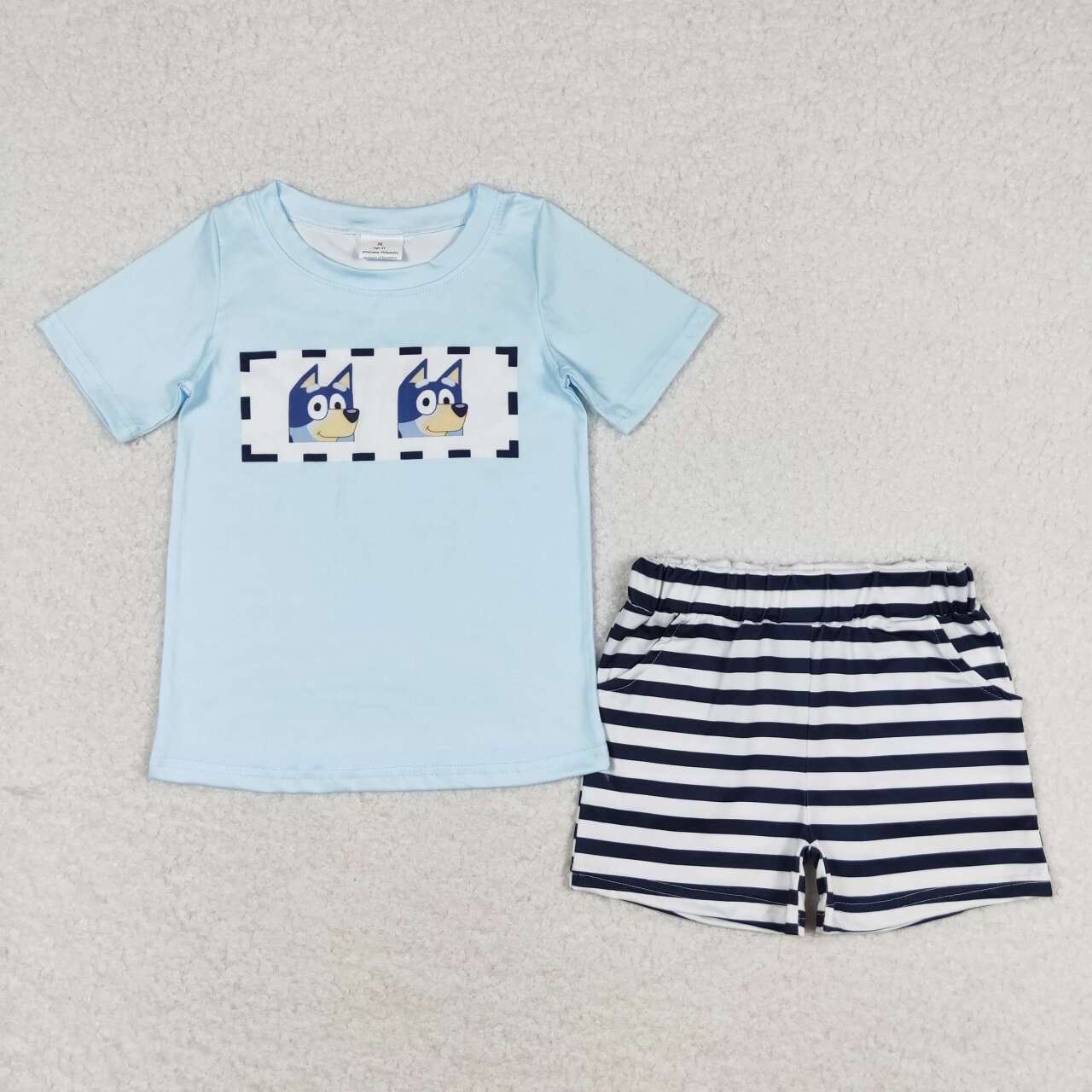 BSSO0682  Blue Cartoon Dog Top Stripes Shorts Boys Summer Clothes Set