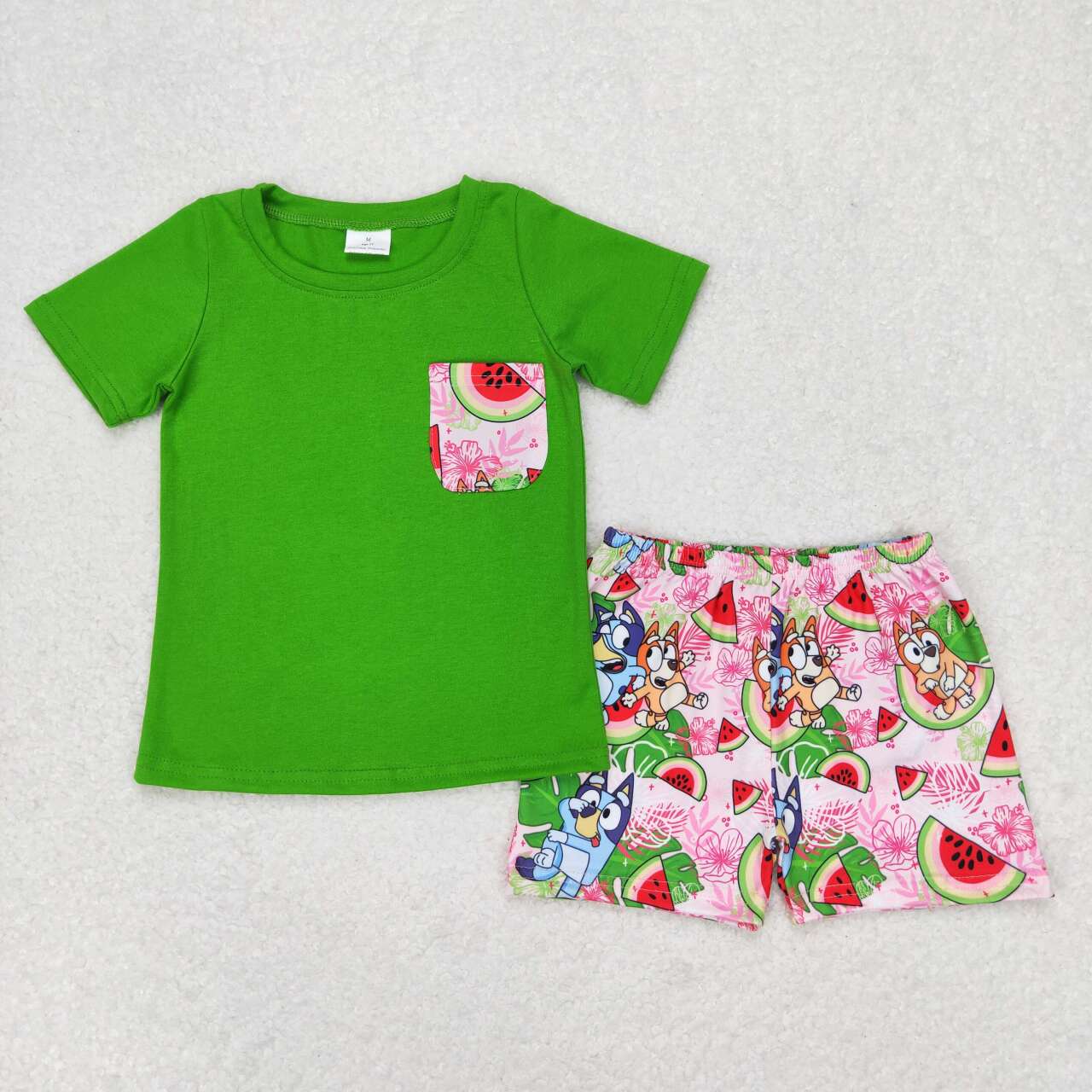 BSSO0743  Green Pocket Top Watermelon Cartoon Dog Shorts Boys Summer Clothes Set