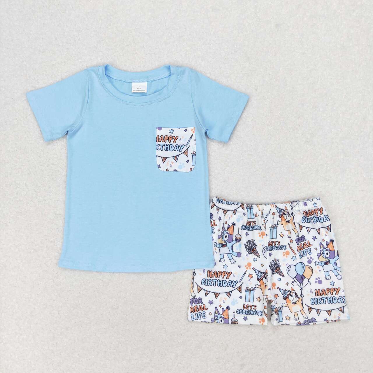 BSSO0907 Blue Pocket Top Cartoon Dog Shorts Boys Birthday Clothes Set