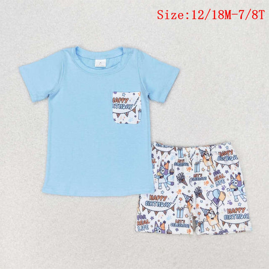 BSSO0907 Blue Pocket Top Cartoon Dog Shorts Boys Birthday Clothes Set