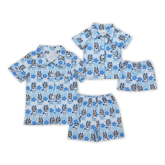 Cartoon Dog Flowers Blue Print Mom and Me Summer Buttons Pajamas Matching Clothes Set