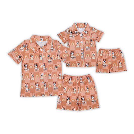 Cartoon Dog Flowers Orange Print Mom and Me Summer Buttons Pajamas Matching Clothes Set