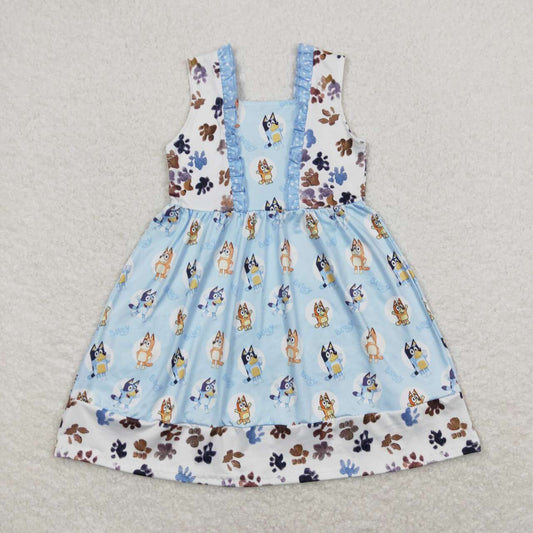 GSD0864 Blue Cartoon Dog Girls Summer Knee Length Dress