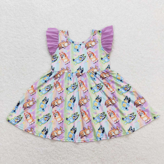 GSD0985  Rainbow Cartoon Dog Print Girls Knee Length Summer Dress