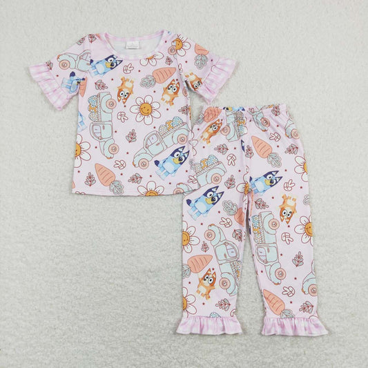 GSPO1278 Cartoon Dog Carrot Print Girls Easter Pajamas Clothes Set