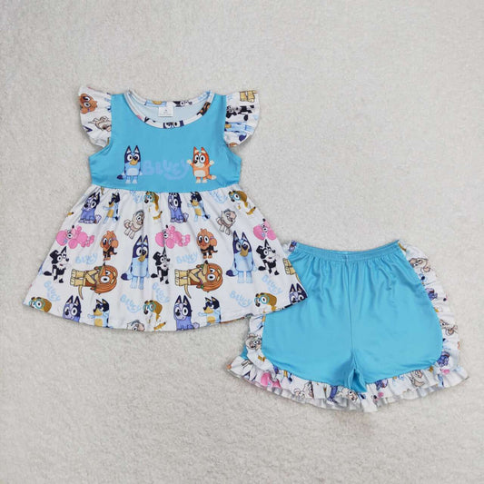 GSSO0387 Blue Cartoon Dog Print Tunic Top Ruffle Shorts Girls Clothes Set