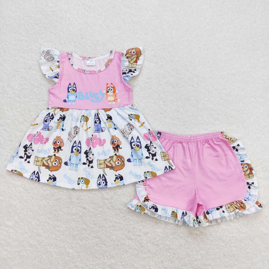 GSSO0388 Cartoon Dog Tunic Top Ruffle Pink Shorts Girls Summer Clothes Set