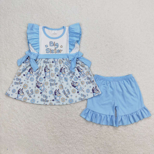 GSSO0577 Big Sister Cartoon Dog Flowers Tunic Top Blue Shorts Girls Summer Clothes Set