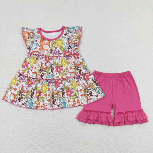 GSSO1251 Cartoon Dog Flowers Tunic Top Hot Pink Shorts Girls Summer Clothes Set