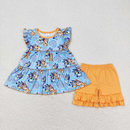 GSSO0632 Cartoon Dog Tunic Top Ruffle Shorts Girls Summer Clothes Set