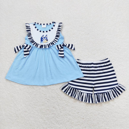 GSSO0751  Blue Cartoon Dog Top Stripes Shorts Girls Summer Clothes Set