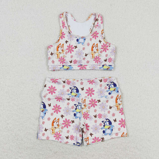 GSSO0900  Cartoon Dog Flowers Print Girls Summer Clothes Set