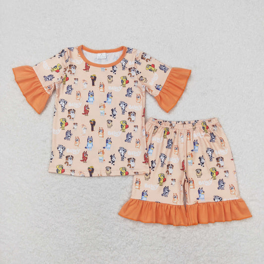 GSSO1104 Orange Cartoon Dog Print Girls Summer Pajamas Clothes Set