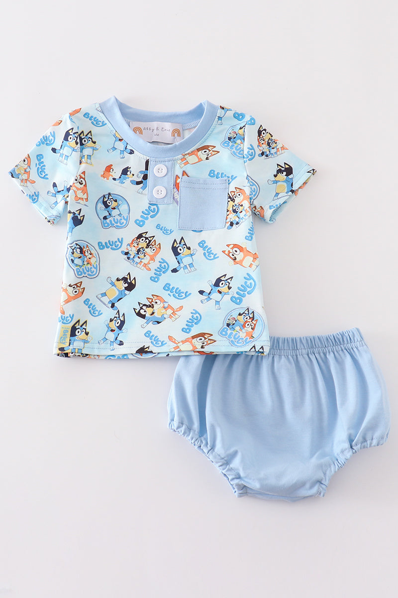 (Custom Design Preorder MOQ 5) Cartoon Dog Blue Print Baby Boys Bummie Set