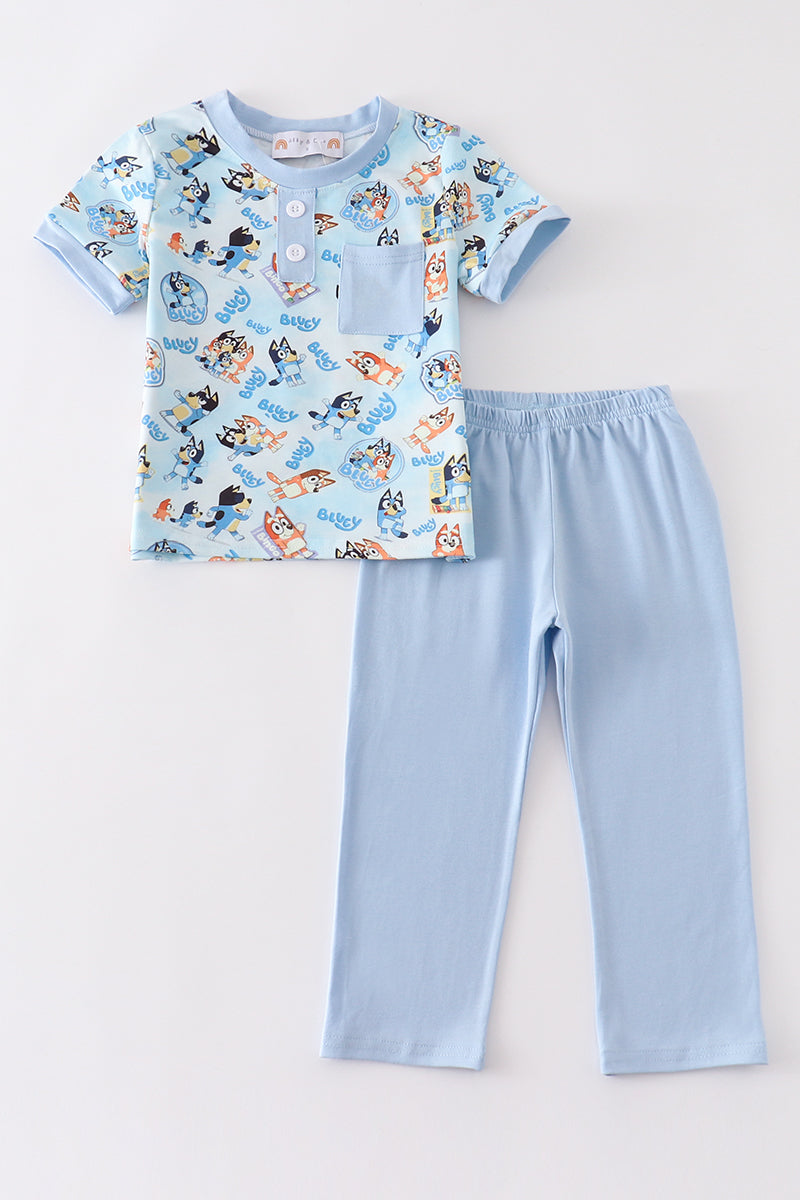(Custom Design Preorder MOQ 5) Cartoon Dog Top Blue Pants Boys Clothes Set