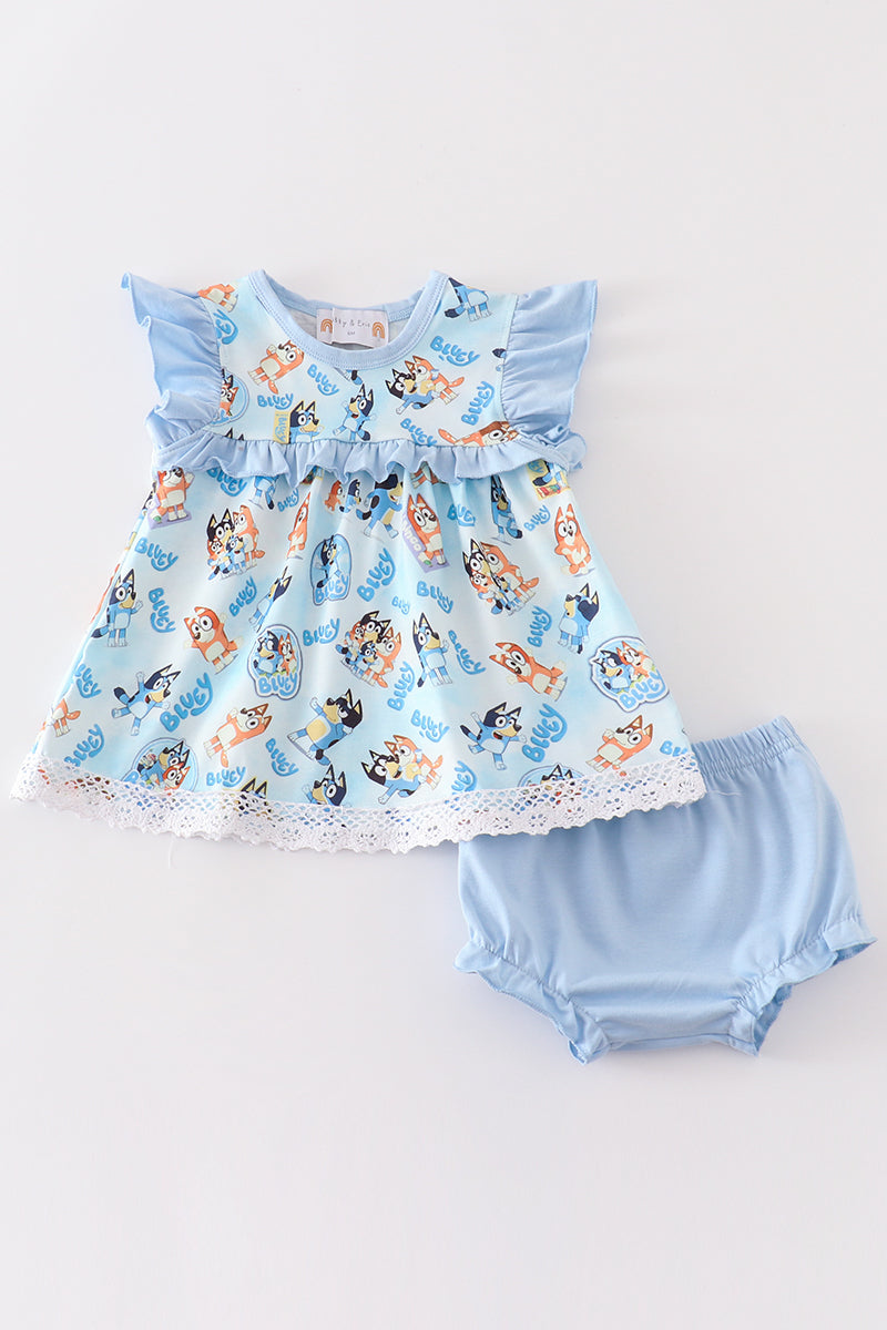 (Custom Design Preorder MOQ 5) Cartoon Dog Blue Print Baby Girls Bummie Set