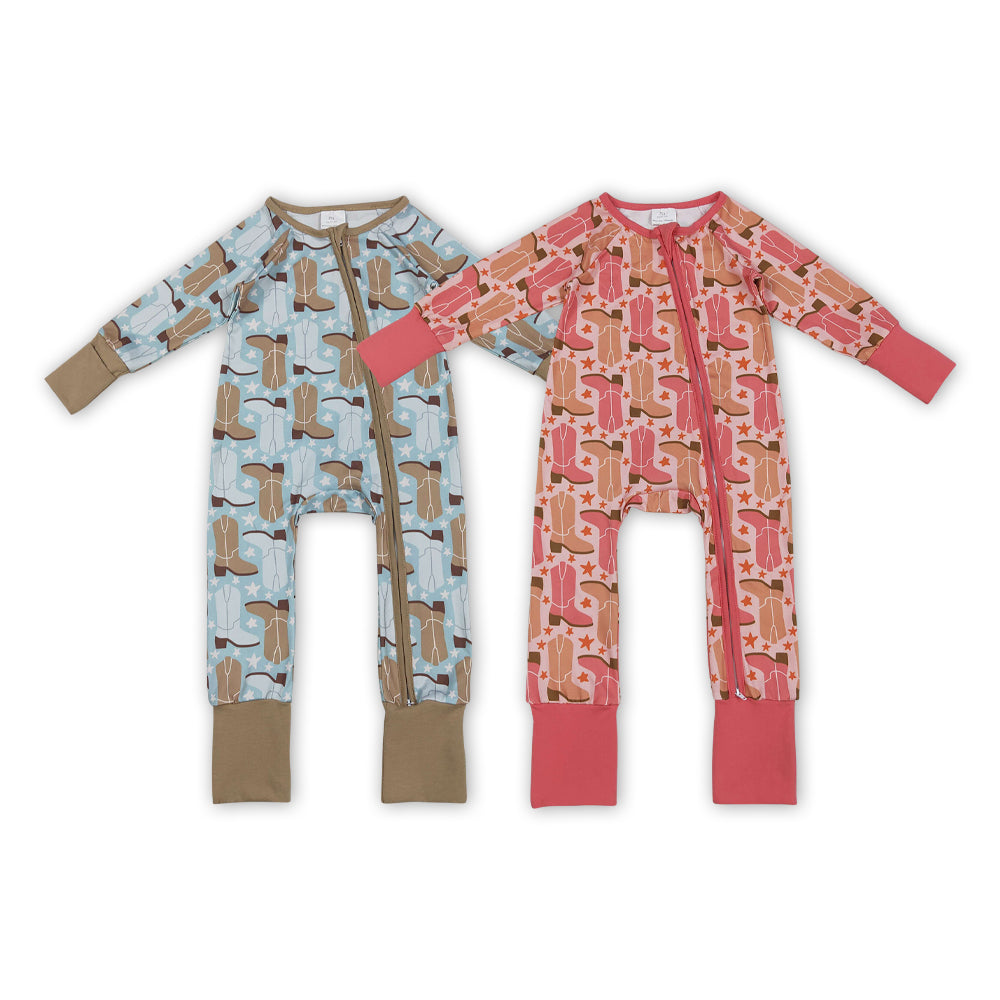 Boots Print Baby Western Sleeper Zipper Romper Sibling Matching Wear
