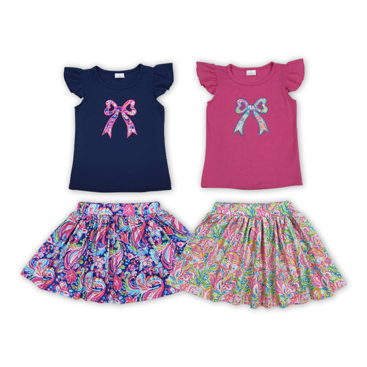 Bow Embroidery Solid Top Flowers Skirts Shorts Girls Summer Outfits Sisters Wear