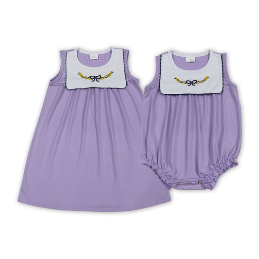 Bow Embroidery Purple Girls Mardi Gras Clothes Sisters Matching Wear