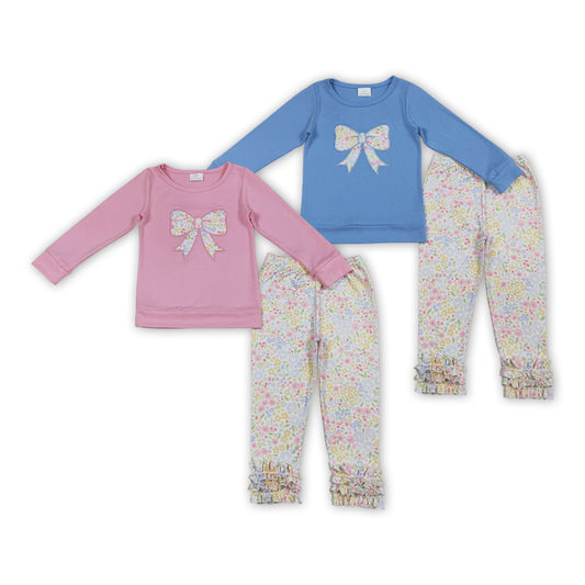 Bow Embroidery Top Colorful Flowers Pants Girls Clothes Set Sisters Wear