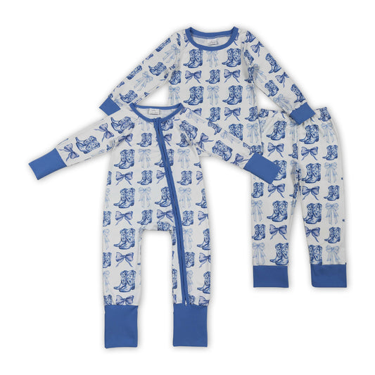 Bows Boots Blue Print Girls Western Pajamas Clothes Sisters Matching Wear