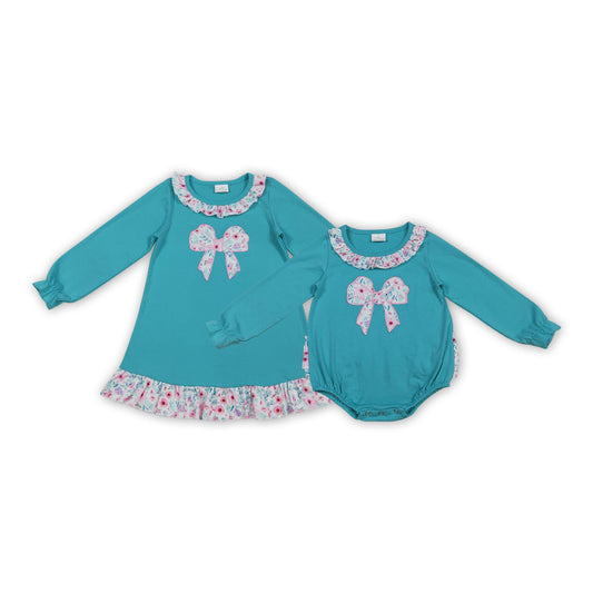 Bows Embroidery Flowers Print Girls Clothes Sisters Matching Wear