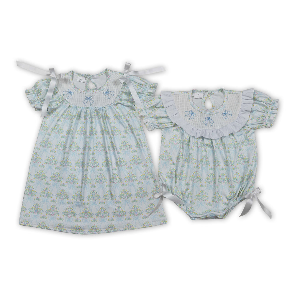 Bows Embroidery Small Flowers Girls Summer Matching Smocked Clothes Sisters Wear