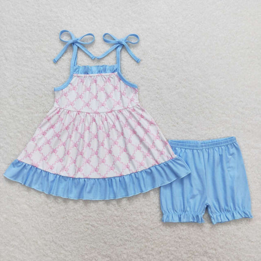 GSSO0668 Pink Bows Print Tunic Top Blue Shorts Girls Summer Clothes Set