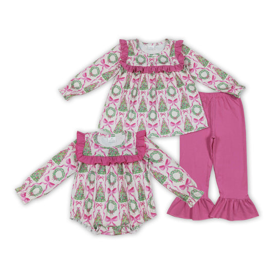 Bows Holly Print Girls Christmas Clothes Sisters Matching Wear