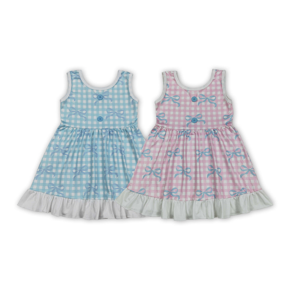 Bows Plaid Print Girls Summer Knee Length Dress Sisters Wear