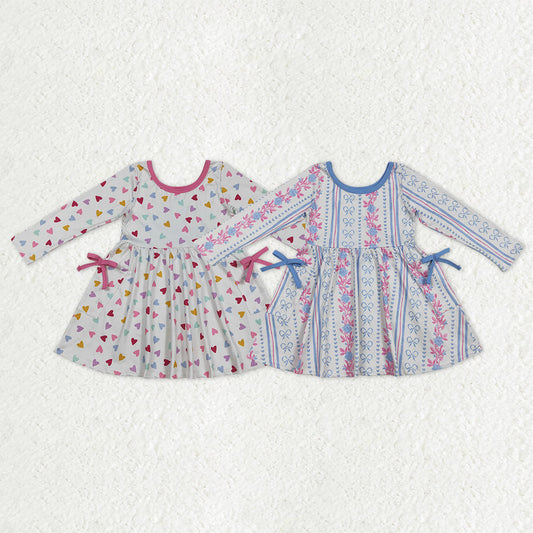 Bows Pockets Girls Long Sleeve Knee Length Dress Sisters Wear