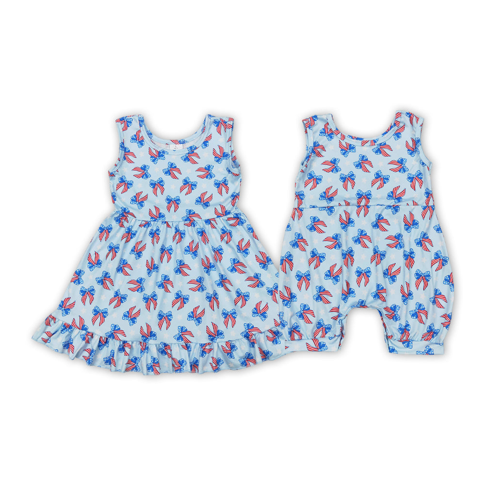 Bows Stars Print Sisters Sleeveless 4th of July Clothes Sisters Wear