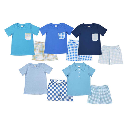 5 Styles Blue Pocket Top Plaid Shorts Boys Summer Clothes Set Brothers Wear