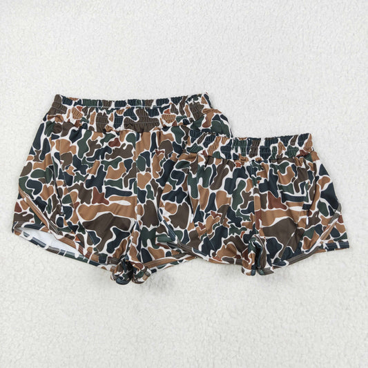 Brown Camo Print Mom and Me Summer Zipper Pockets Bottom Yoga Shorts