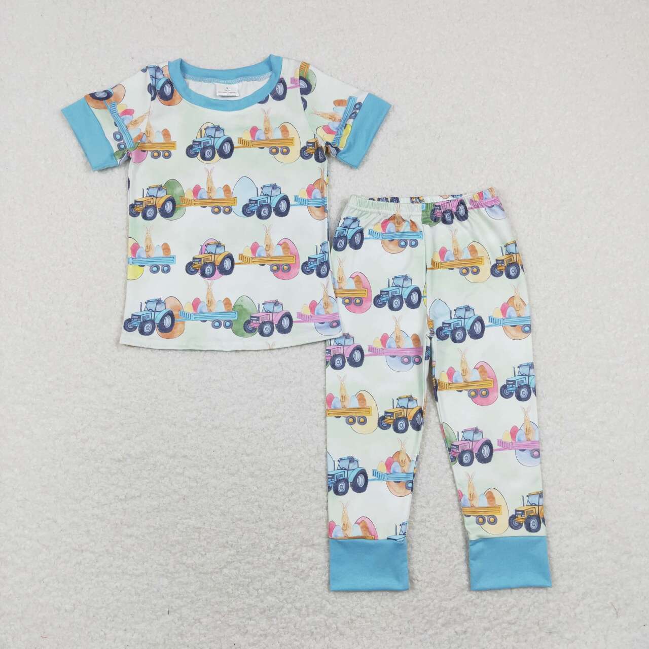 BSPO0300 Tractors Eggs Bunny Print Boys Easter Pajamas Clothes Set