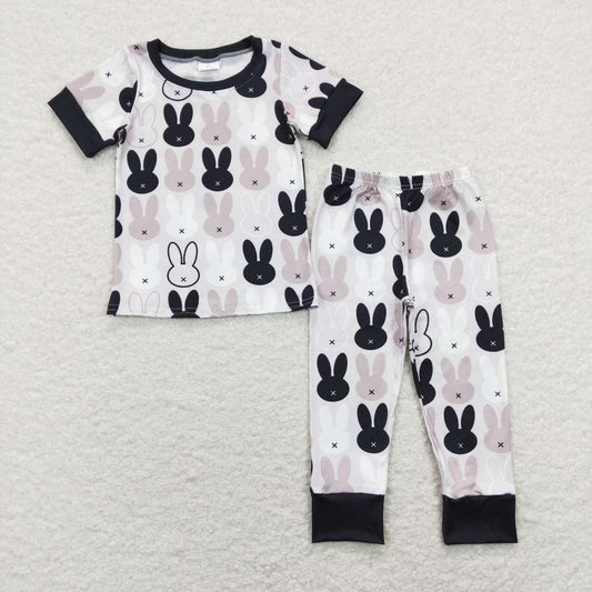 BSPO0317 Black Grey Bunny Print Boys Easter Pajamas Clothes Set