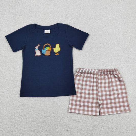 BSSO0364 Bunny Egg Chickling Embroidery Navy Top Plaid Shorts Boys Easter Clothes Set