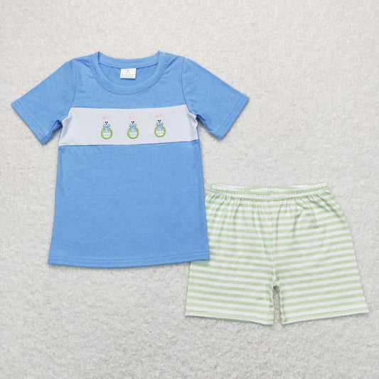 BSSO0398  Blue Bunny Embroidery Top Green Stripes Shorts Boys Easter Clothes Set
